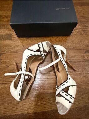 BCBGMaxAzria Cream and Brown Cutout Peep-Toe Heels